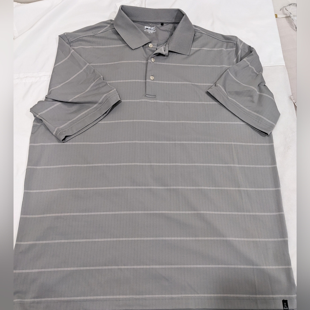 PING Performance Gray & White Striped Polo Golf Shirt